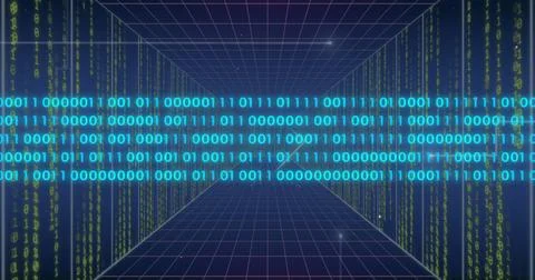 Image of data processing over light trails on blue background 写真素材