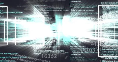 Image of data processing over light trails on black background 스톡 사진