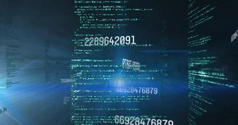 Image of data processing over light trails on black background 스톡 사진