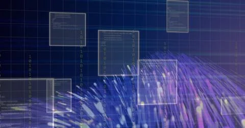Image of data processing over light trails on black background Stock Photos