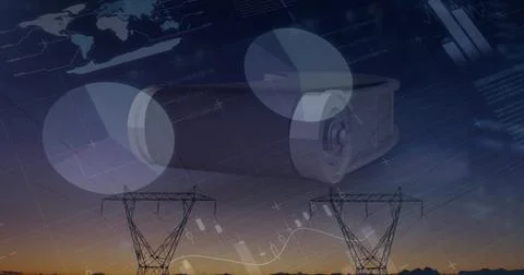 Image of data processing over machine and pylons 写真素材