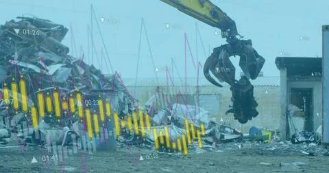 Image of data processing over machines segregating waste at rubbish dump Stock Photos