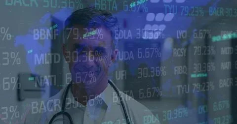 Image of data processing over male doctor with stethoscope Illustrazione stock
