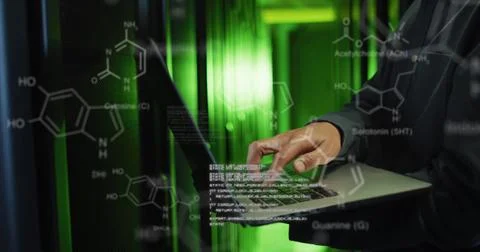 Image of data processing over male it engineer with laptop checking computer Stock Photos