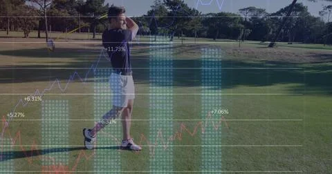 Image of data processing over male golf player on golf course Fotos Stock