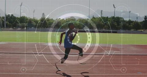 Image of data processing over male athlete with running blades on 写真素材