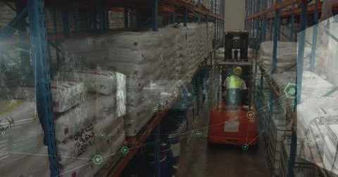 Image of data processing over male worker in warehouse Foto stock
