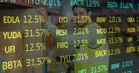 Image of data processing over man working in warehouse Stock Photos