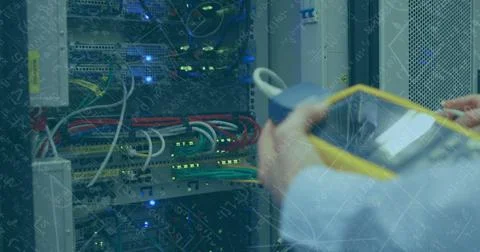 Image of data processing over man checking computer server Stock Photos
