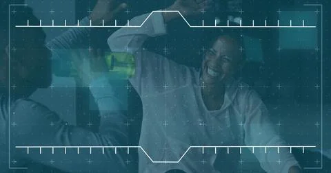 Image of data processing over man and woman high fiving taking break during Stock Photos