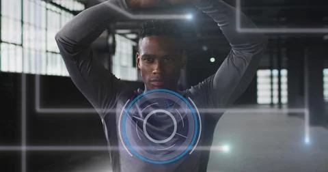 Image of data processing over man stretching, exercising in gym Stock Photos