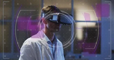 Image of data processing over man using vr headset 写真素材