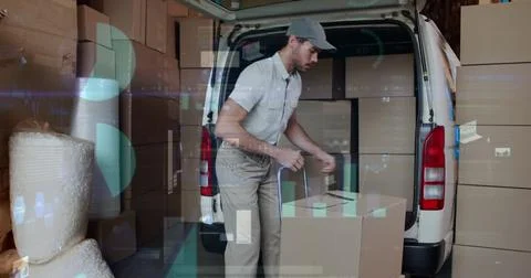 Image of data processing over man packing boxes into car Stock Photos