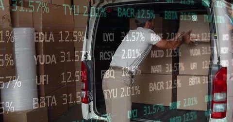 Image of data processing over man packing boxes into car Foto stock