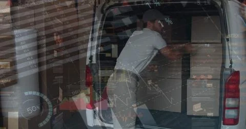Image of data processing over man packing boxes into car Stock Photos