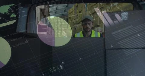 Image of data processing over man packing boxes into car Foto stock