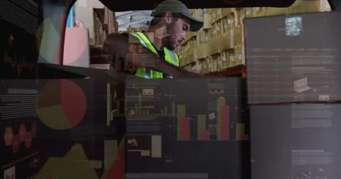 Image of data processing over man packing boxes into car Stock Photos
