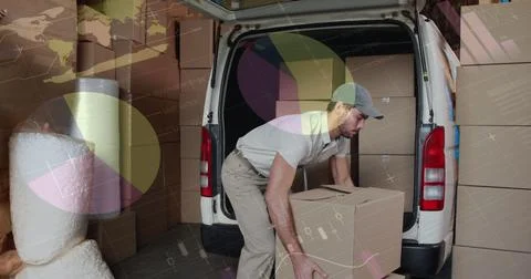 Image of data processing over man packing boxes into car Stock Photos