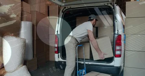 Image of data processing over man packing boxes into car Stock Photos