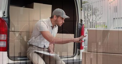 Image of data processing over man packing boxes into car Stock Photos