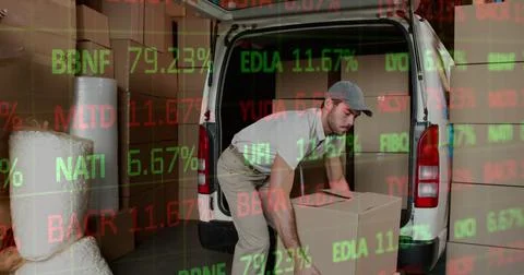 Image of data processing over man packing boxes into car Stockfoto's