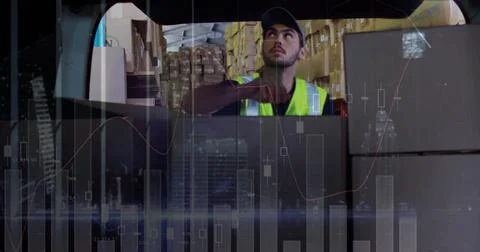 Image of data processing over man packing boxes into car Stock Photos