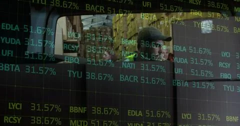 Image of data processing over man packing boxes into car Foto stock