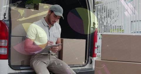Image of data processing over man packing boxes into car Stock Photos