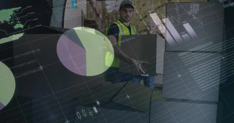 Image of data processing over man packing boxes into car Stock Photos