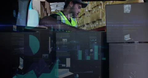 Image of data processing over man packing boxes into car 写真素材
