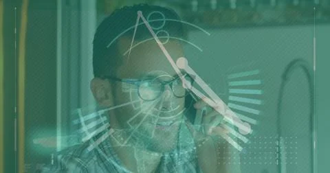 Image of data processing over man using smartphone 写真素材