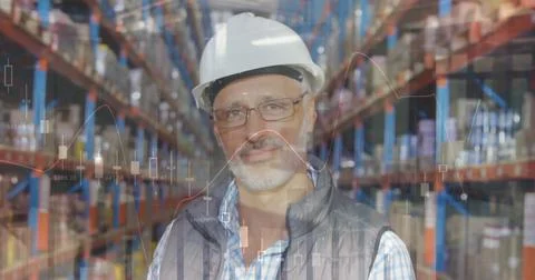 Image of data processing over man working in warehouse Foto stock