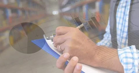 Image of data processing over man working in warehouse Stock Photos