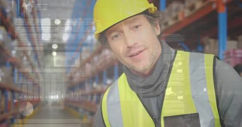 Image of data processing over man working in warehouse Stock Photos