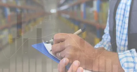 Image of data processing over man working in warehouse Stock Photos