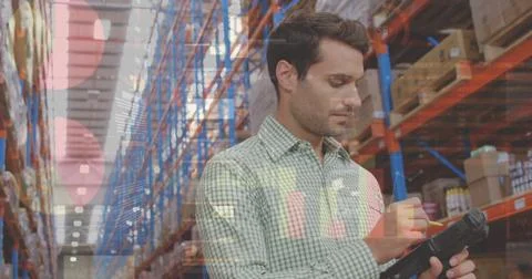 Image of data processing over man working in warehouse Foto stock