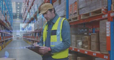 Image of data processing over man working in warehouse Stock Photos