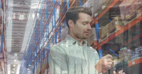 Image of data processing over man working in warehouse Stock Photos