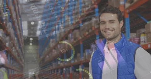 Image of data processing over man writing on clipboard in warehouse Stock Photos