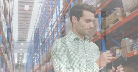 Image of data processing over man working in warehouse Foto stock