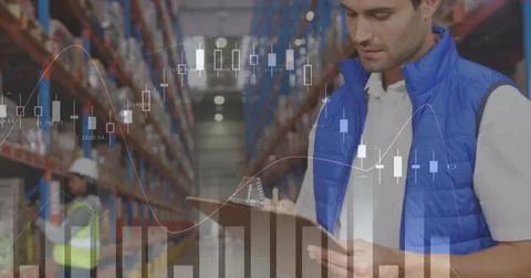 Image of data processing over man writing on clipboard in warehouse Stock Photos