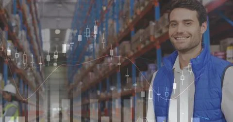 Image of data processing over man writing on clipboard in warehouse Stock Photos