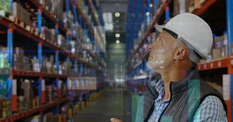 Image of data processing over man working in warehouse Stock Photos