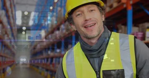 Image of data processing over man working in warehouse 스톡 사진