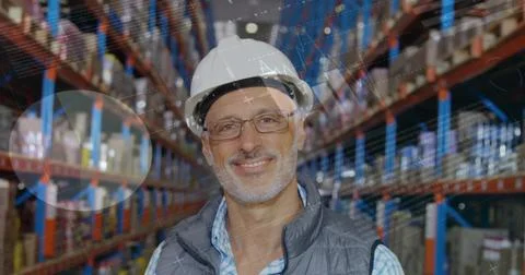 Image of data processing over man working in warehouse Stock Photos