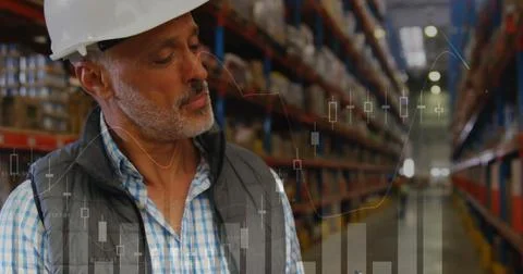 Image of data processing over man working in warehouse Stock Photos