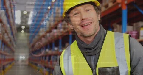 Image of data processing over man working in warehouse Foto stock