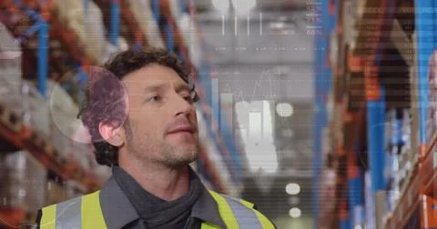 Image of data processing over man working in warehouse Stock Photos