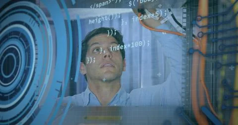 Image of data processing over man working in warehouse Foto stock