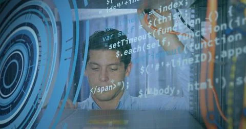 Image of data processing over man working in warehouse Stockfoto's